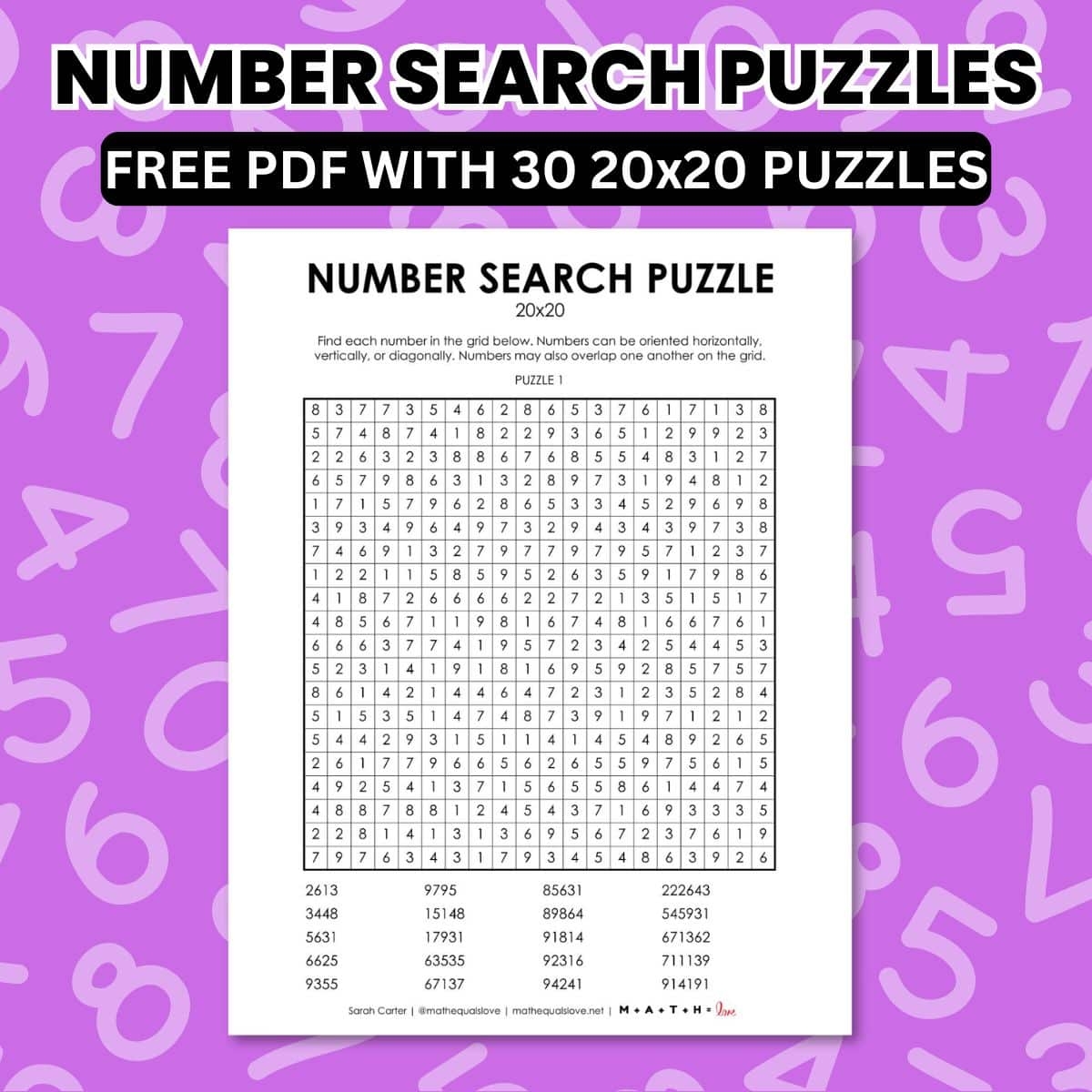 Number Search Puzzles 20x20 Math Love