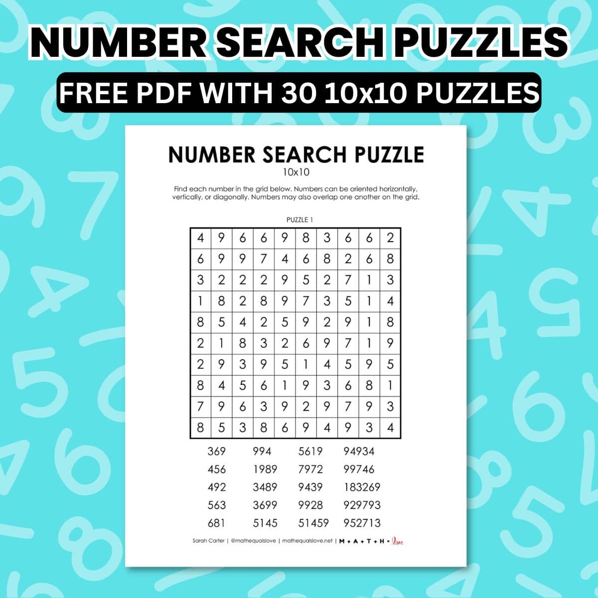 Number Search Puzzles Math Love