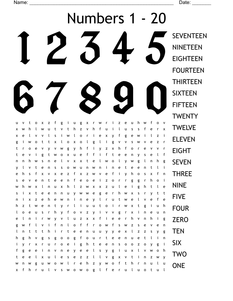 Numbers 1 20 Word Search WordMint