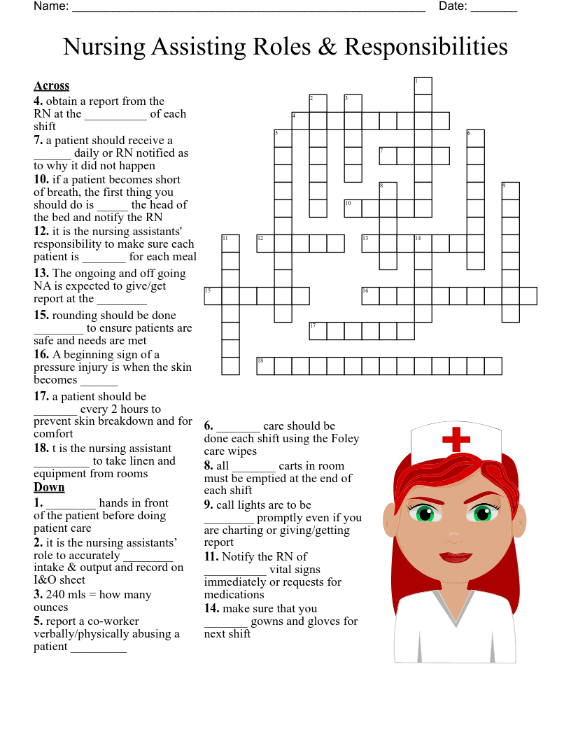 Nursing Assisting Roles Responsibilities Crossword WordMint