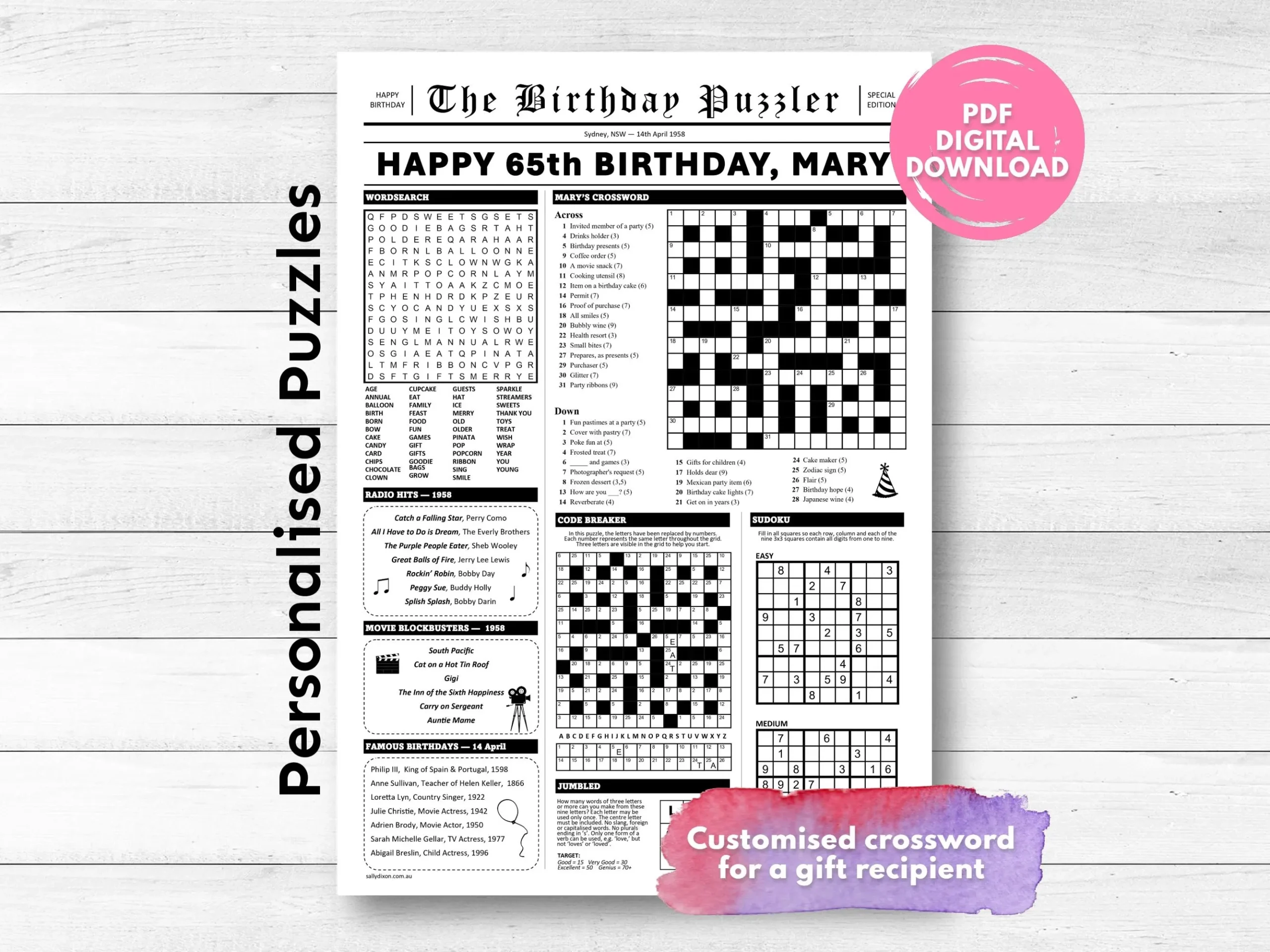 Personalized Birthday Year Newspaper Puzzle Custom Crossword Gift PDF Digital Download Etsy
