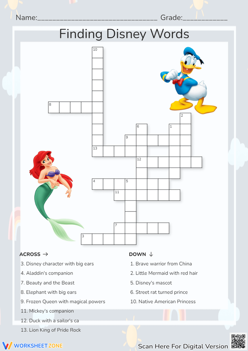 Printable 3rd Grade Disney Crossword Puzzles Worksheets