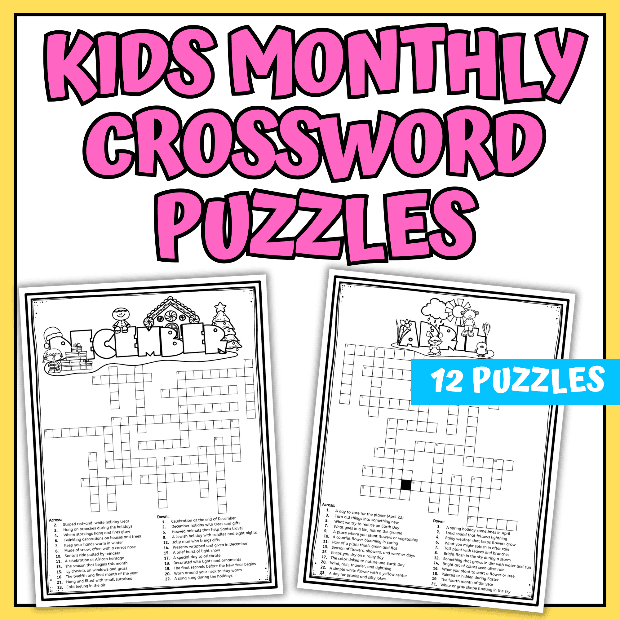 Printable Crossword Puzzles For Kids 12 Monthly Worksheets 