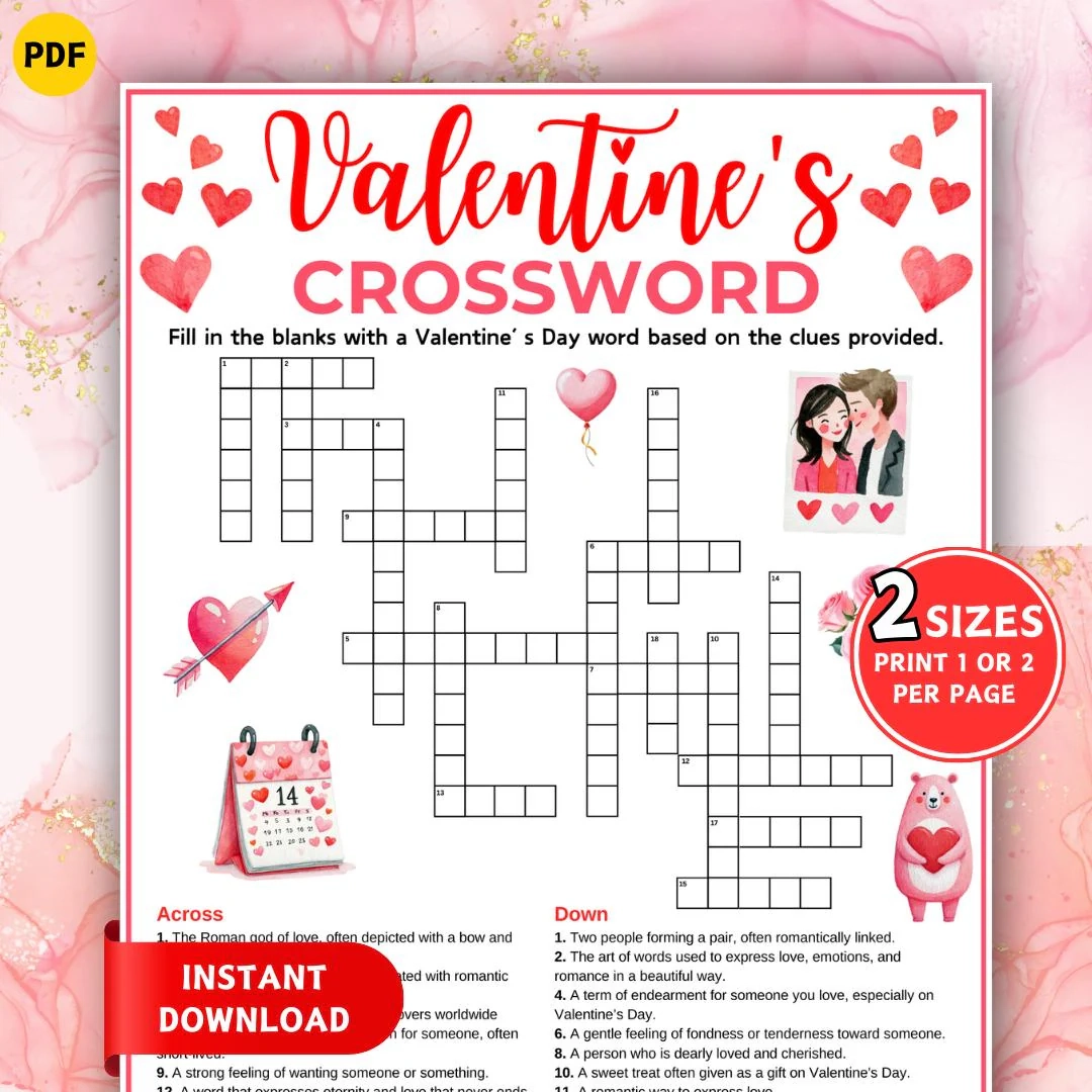 Printable Valentines Day Crossword Puzzle Valentine Party Game For Adults Kids Family Games Word Puzzle Valentines Classroom Activity Etsy