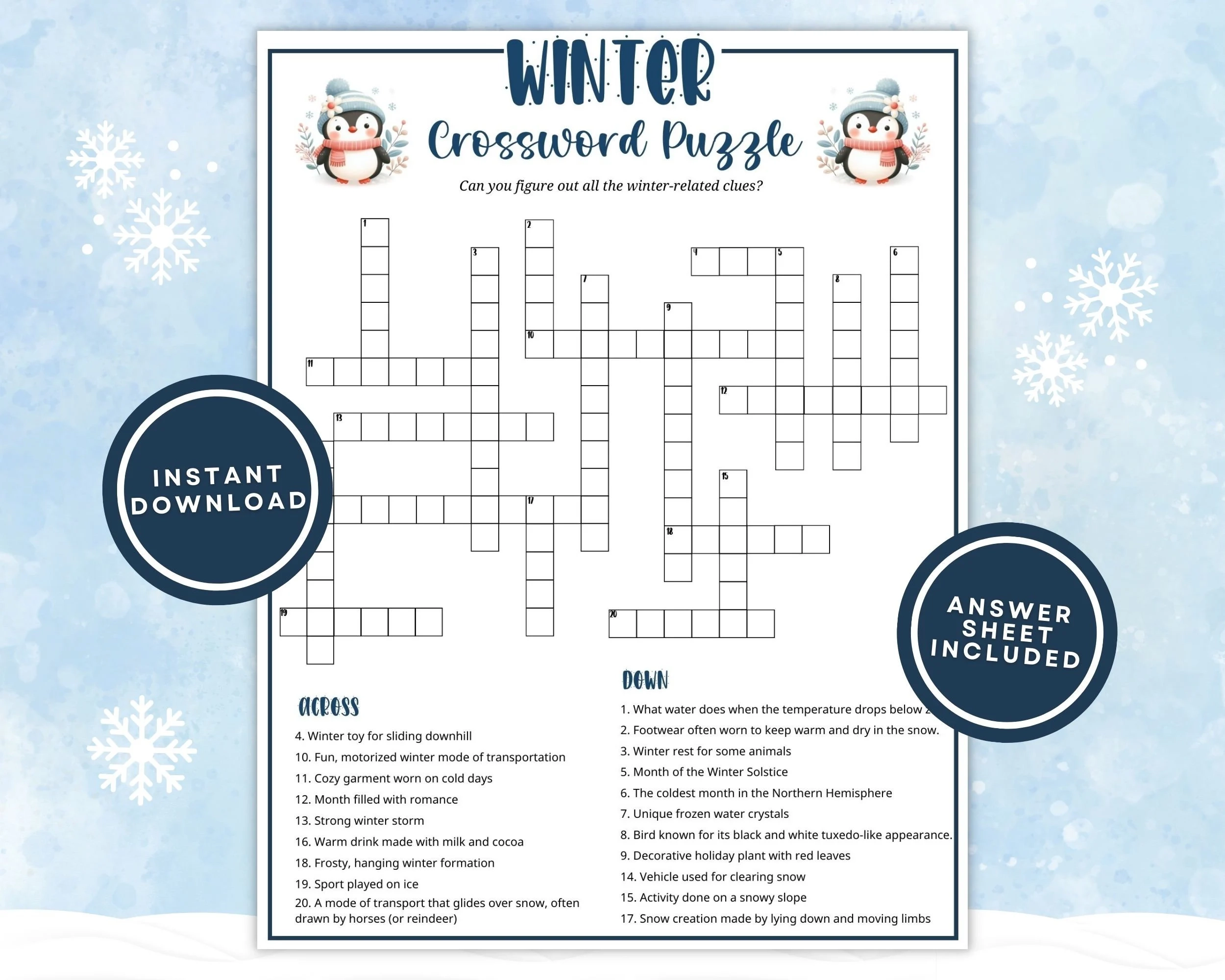 Printable Winter Crossword Puzzle For Kids And Adults Fun Winter Word Game For Family Game Night Or Classroom Activities Instant Download Etsy