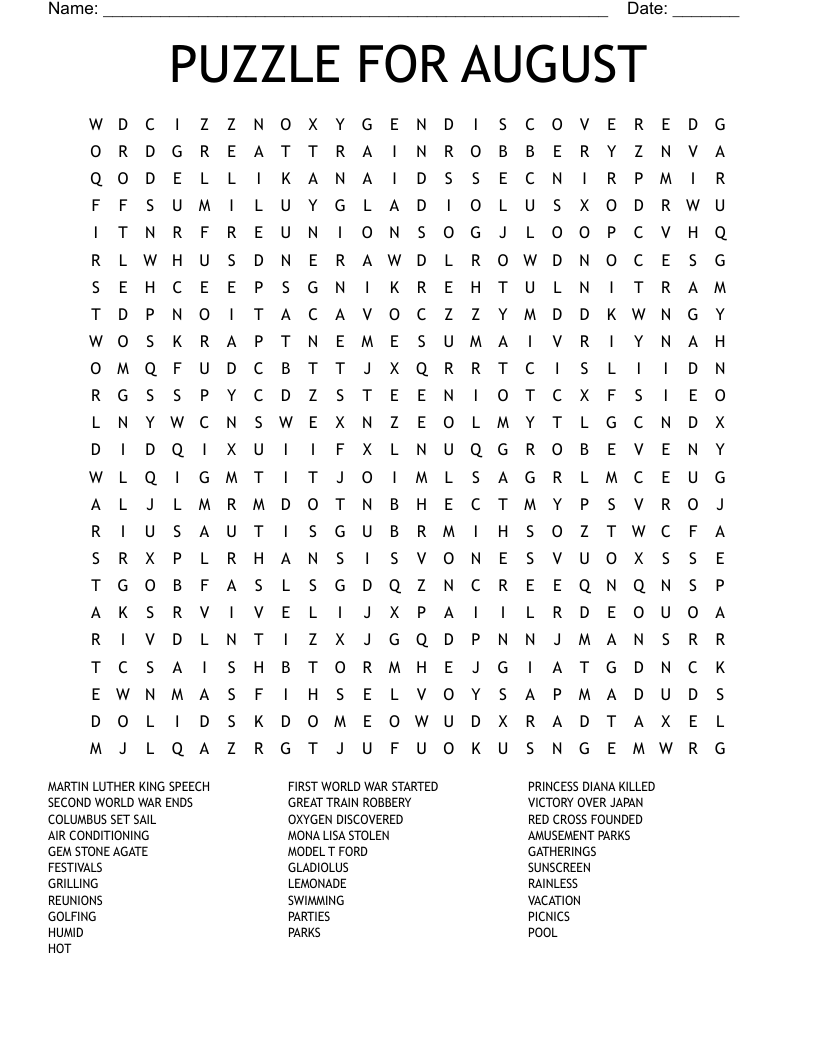 PUZZLE FOR AUGUST Word Search WordMint
