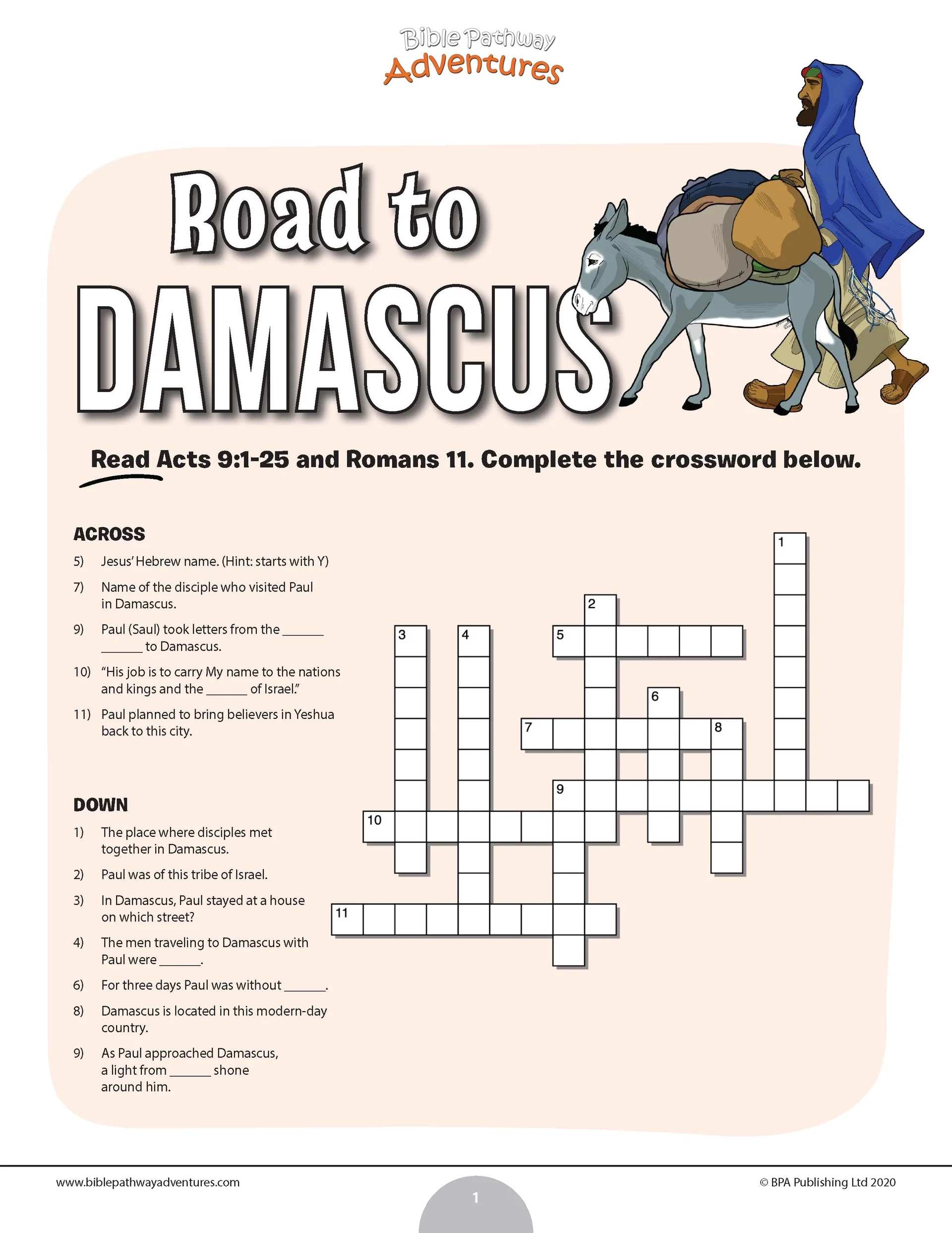 Road To Damascus Bible Crossword Puzzle PDF Bible Pathway Adventures
