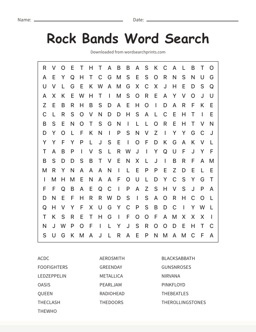 Rock Word Search Puzzles Word Search