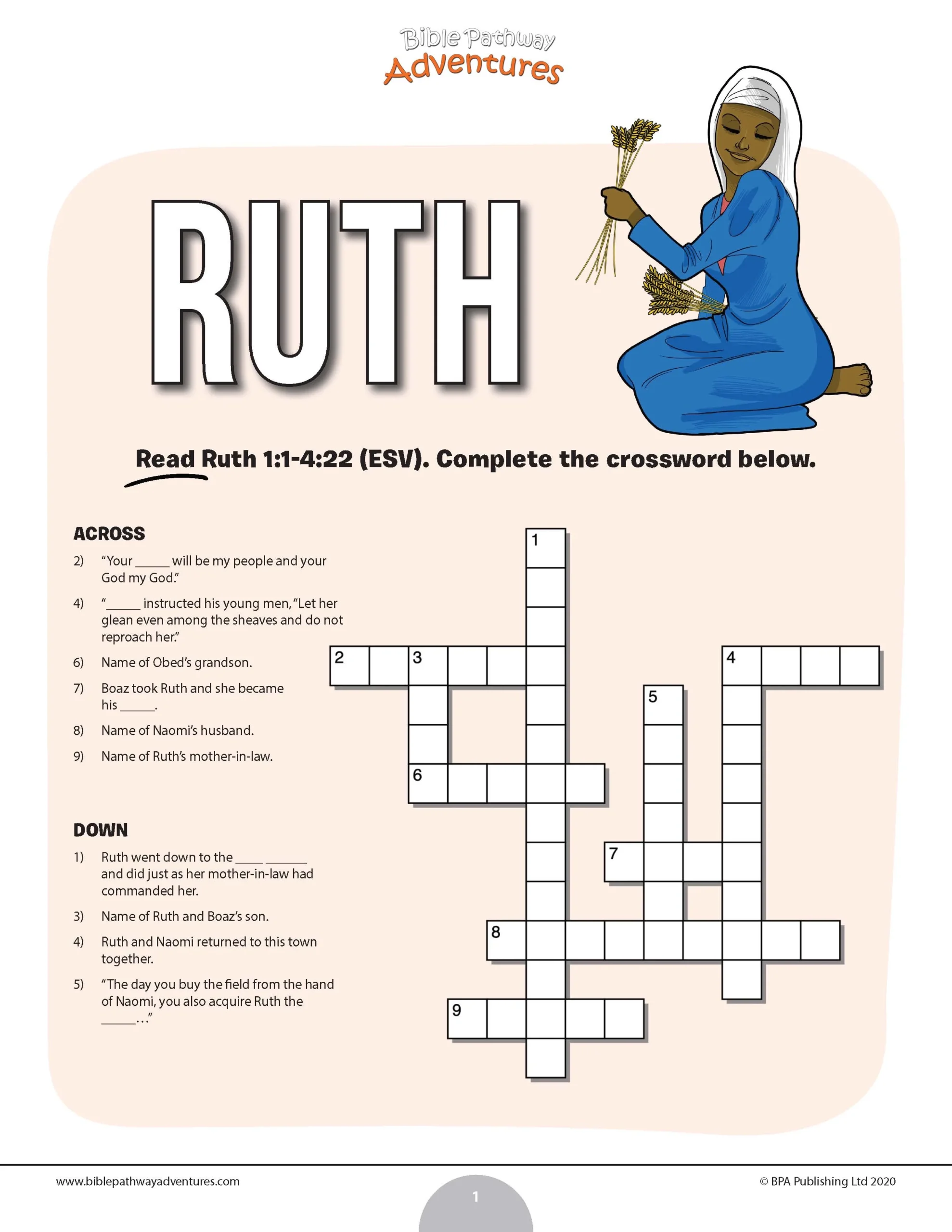 Ruth Bible Crossword Puzzle PDF Bible Pathway Adventures
