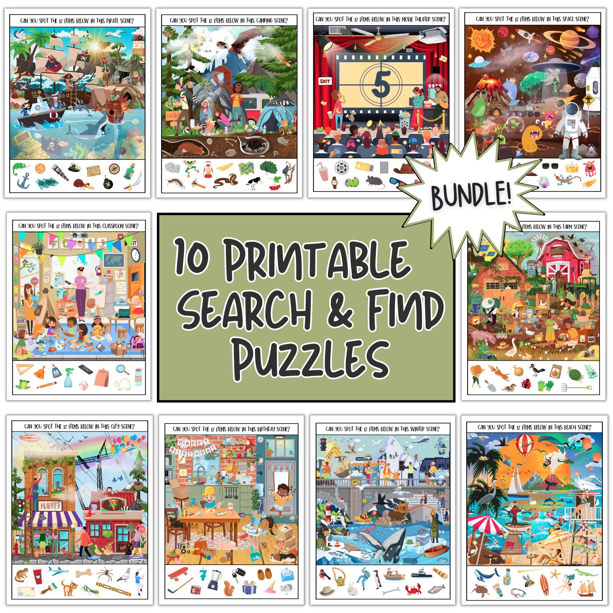 Search Find Printable Puzzles For Kids Bundle 10 Hidden Picture Activity Pages Classroom Games Travel And Homeschool Worksheets Etsy