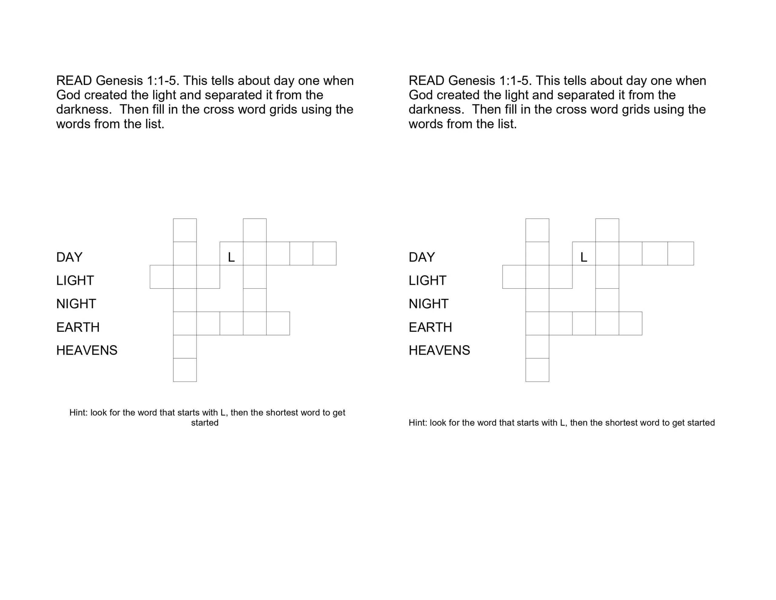 Simple Crossword Activity Sheets About The Creation Story Kids Bible Lessons