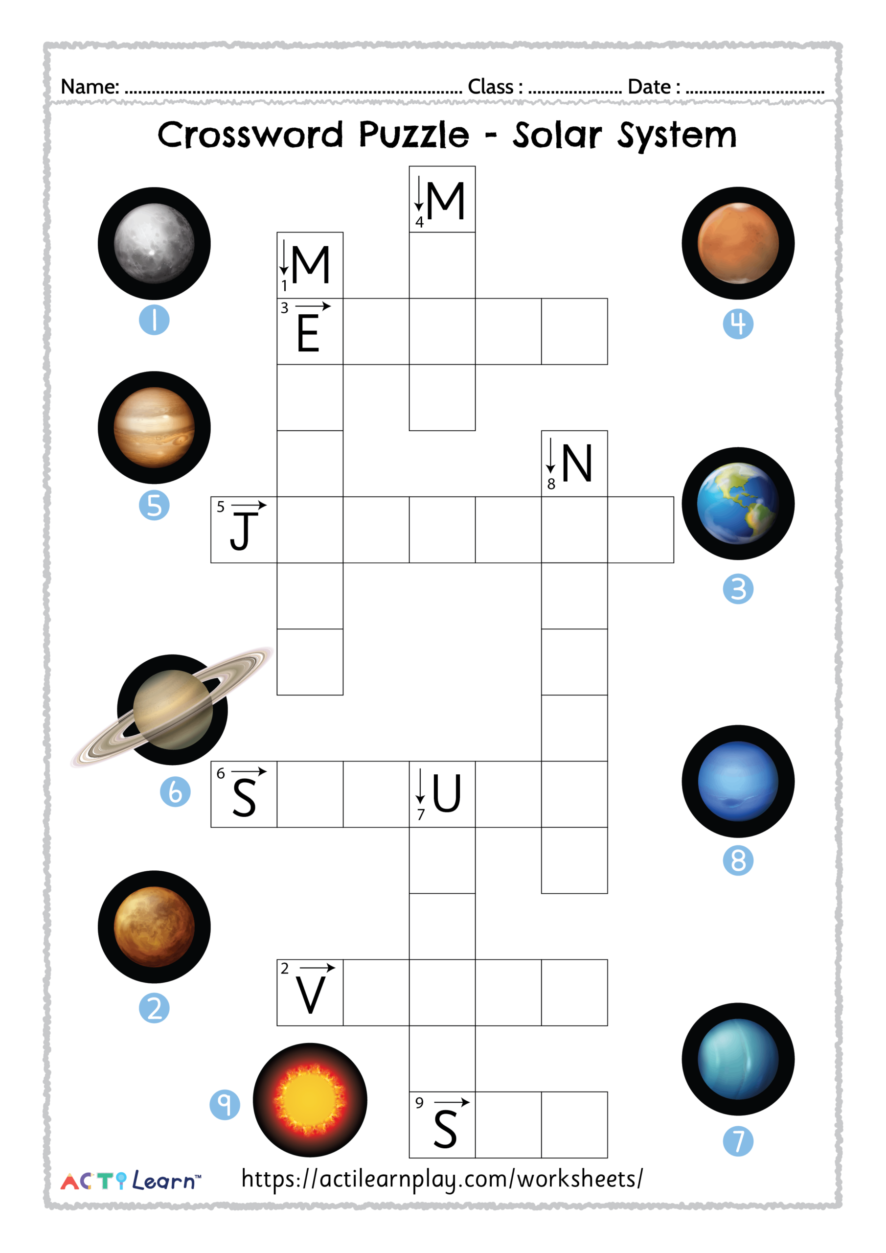 Solar System Crossword Puzzle For Kids Science Activity