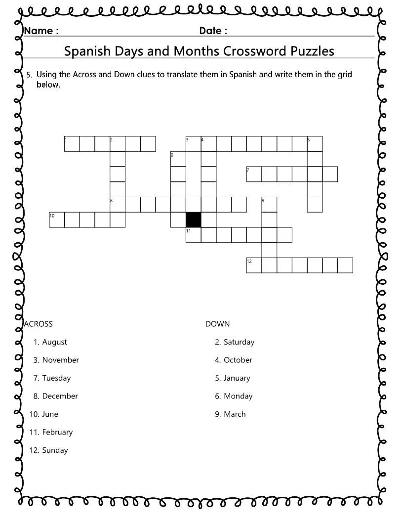 Spanish Days Months Crossword Puzzles Learn Spanish printable Activity Etsy