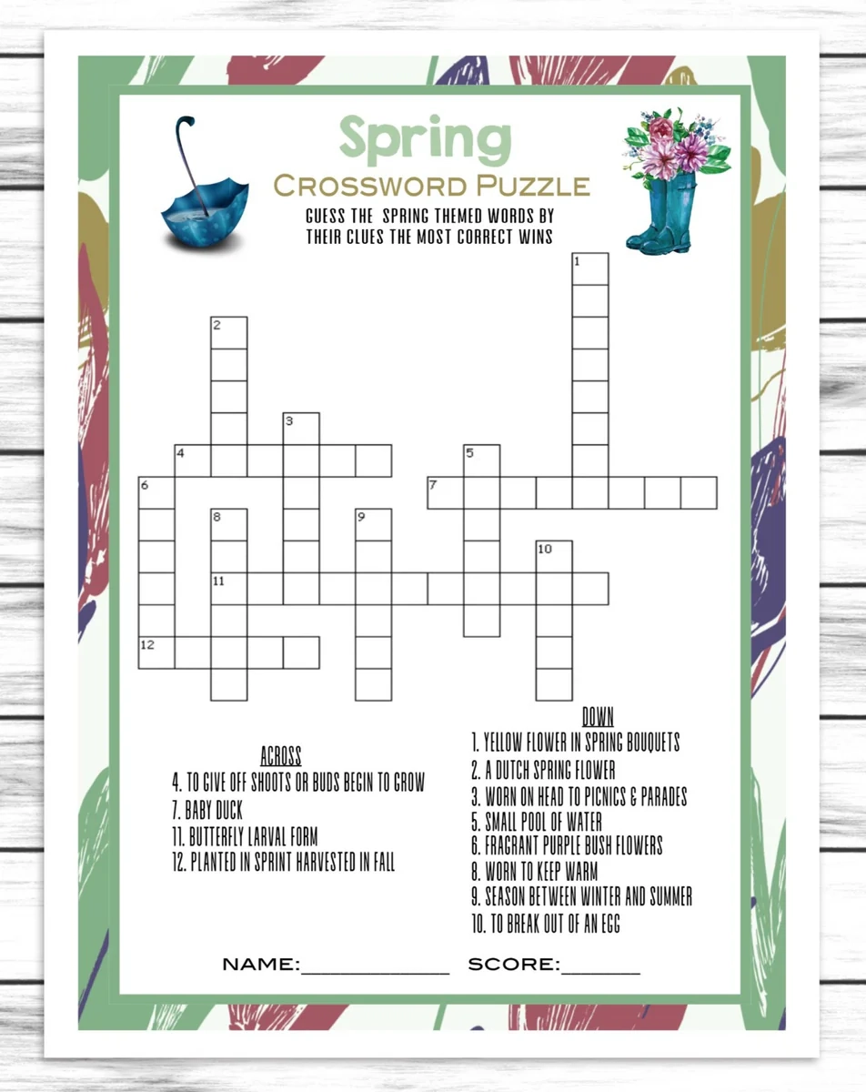Spring Party Crossword Puzzle Kids Or Adults Spring Printable Or Virt Enjoymyprintables