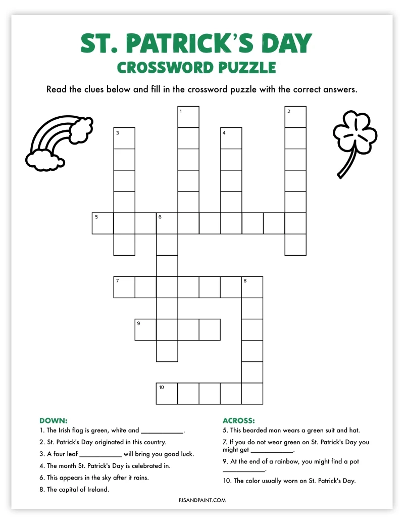 St Patrick s Day Crossword Puzzle Free Printable Game Pjs And Paint