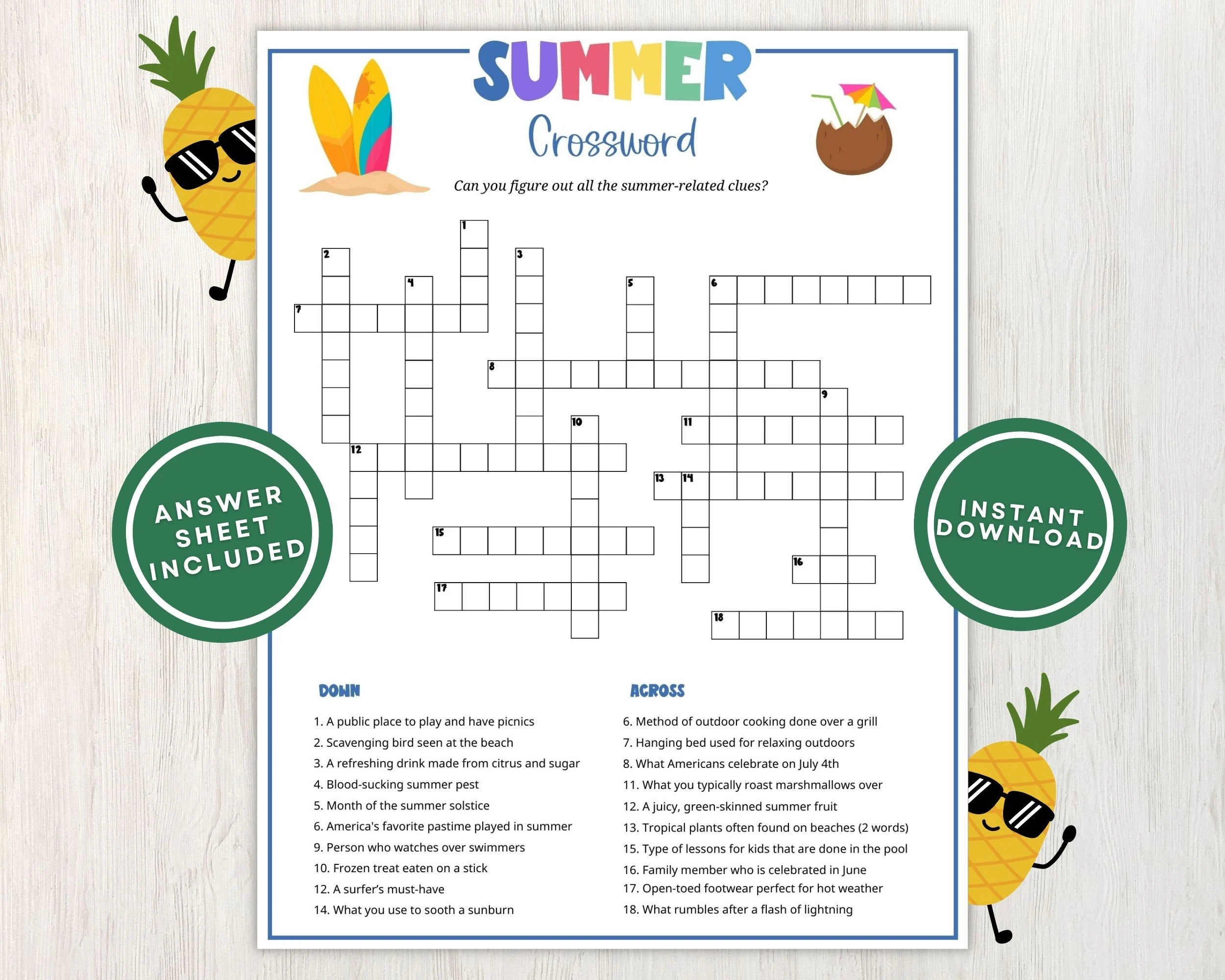Summer Crossword Puzzle For Kids And Adults Fun Printable Summertime Word Game For Parties Picnics And Family Gatherings Instant Download Etsy