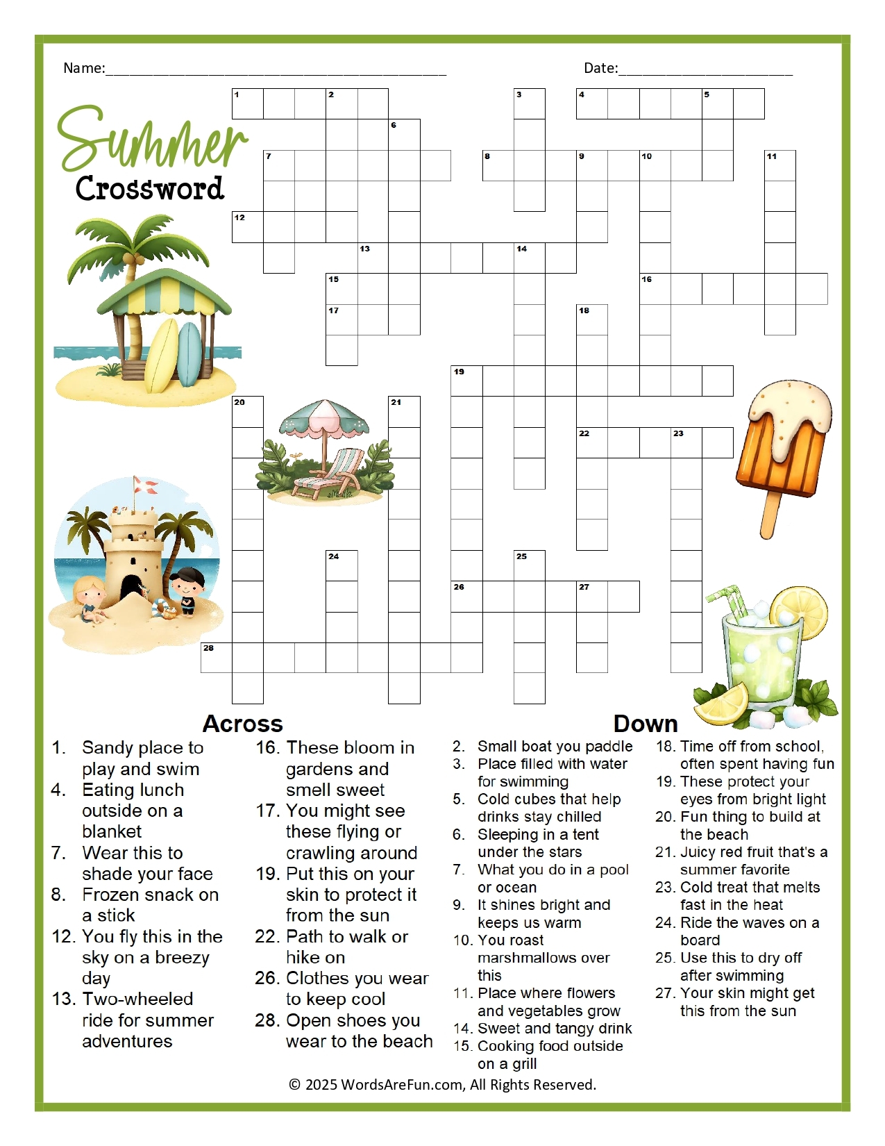 Summer Crossword Puzzle With Answers