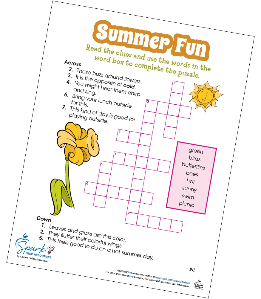 Summer Fun Crossword Puzzle Free Printable Carson Dellosa