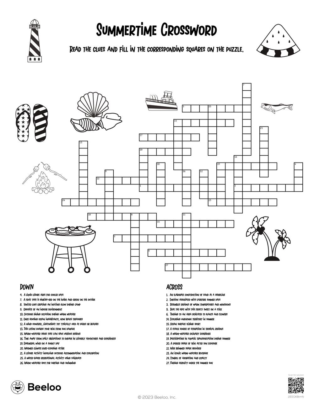 Summer themed Crossword Puzzles Beeloo Printable Crafts And Activities For Kids