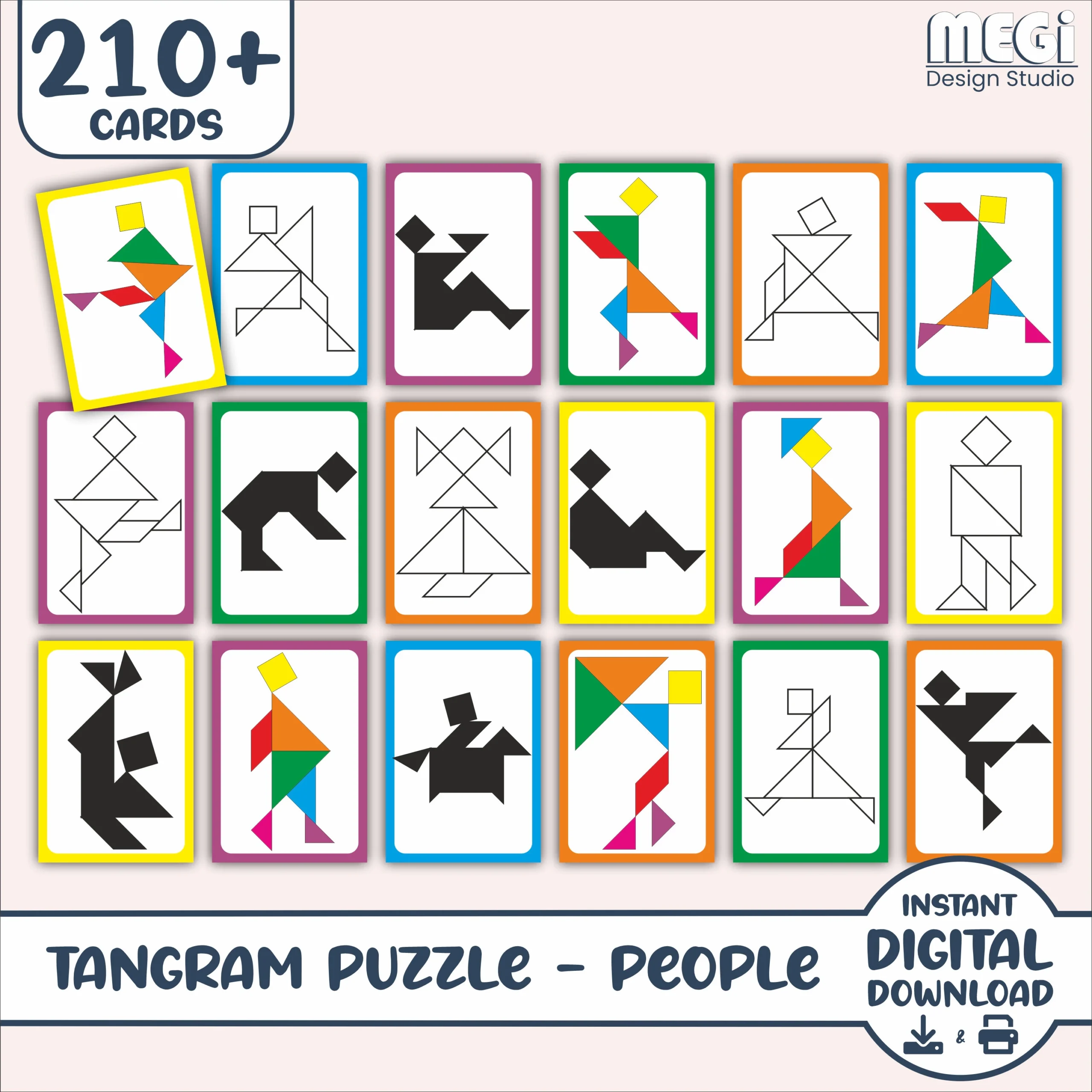 Tangram Set Of People Puzzle Cards 210 Cards Free Tangram Pattern Preschool Montessori Minimalist Tangram Cards Kindergarten Games Etsy