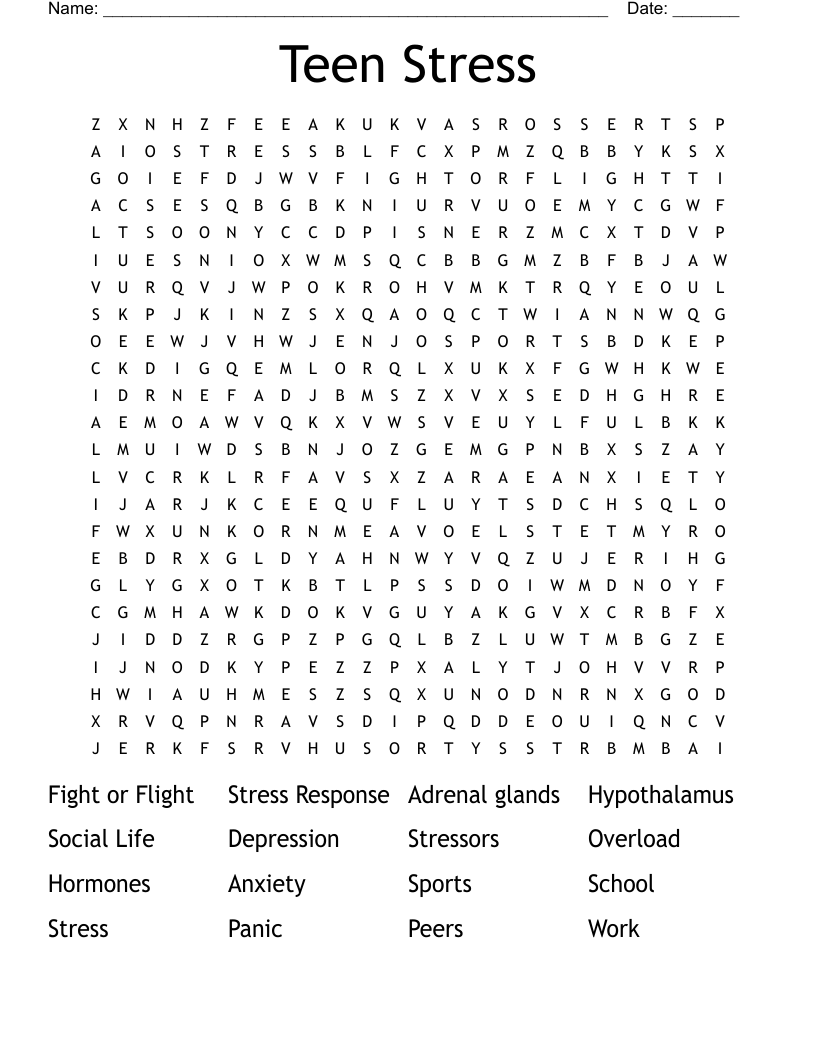 Teen Stress Word Search WordMint