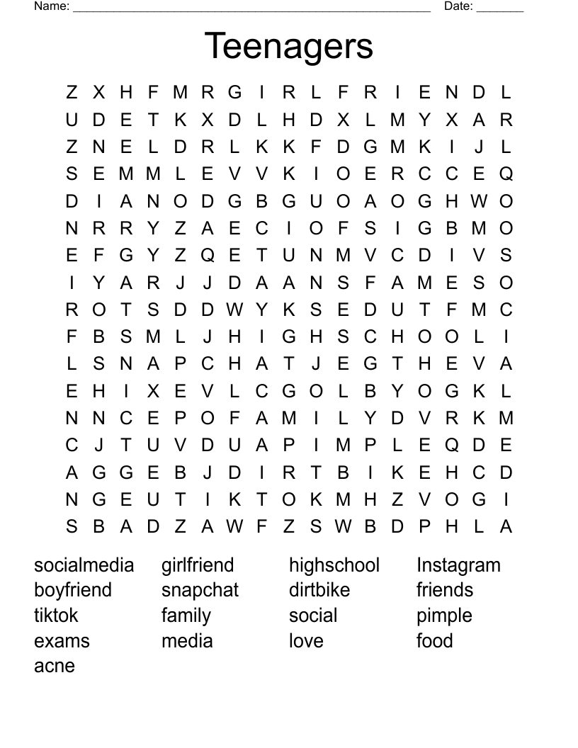 Teenagers Word Search WordMint