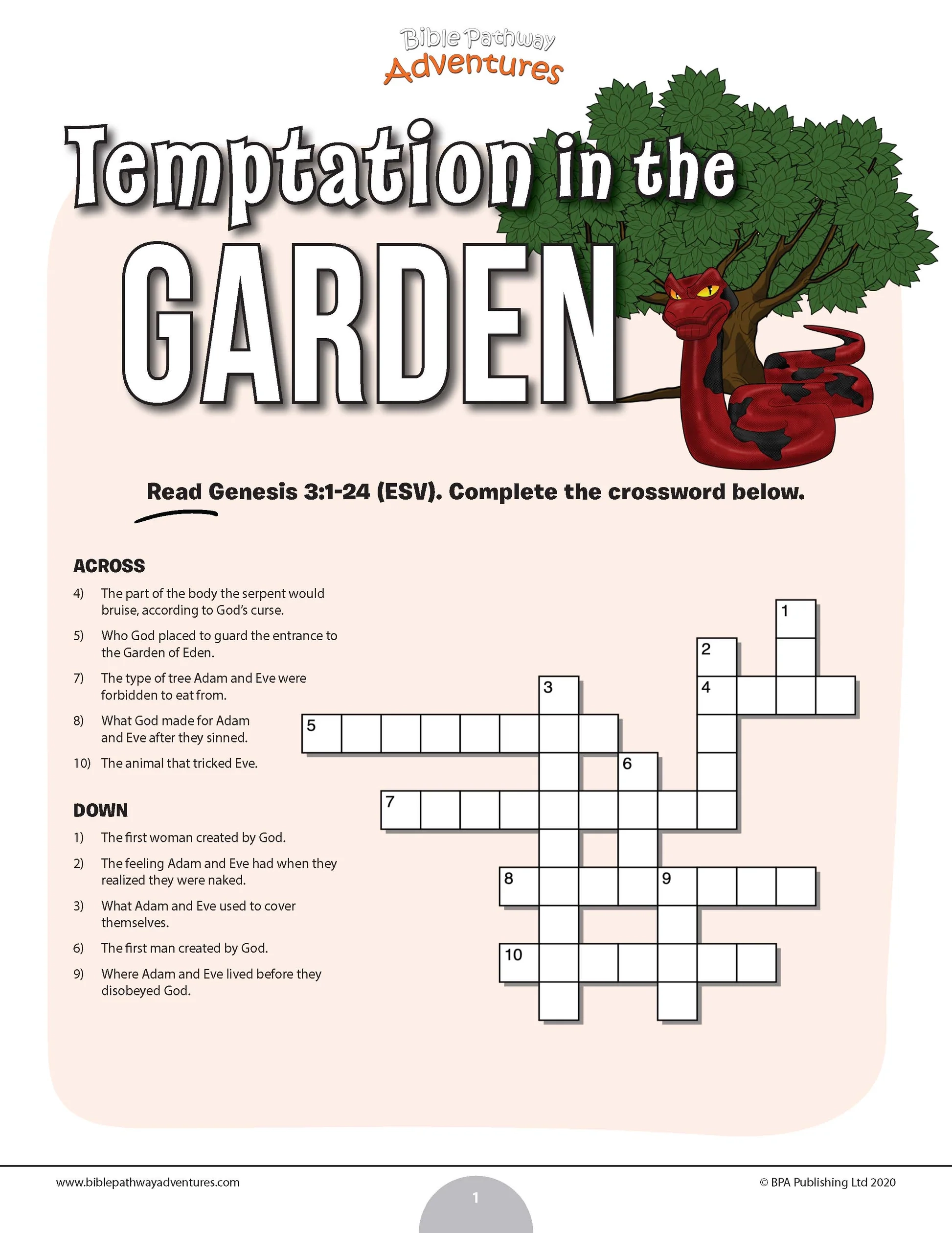 Temptation In The Garden Bible Crossword Puzzle PDF Bible Pathway Adventures