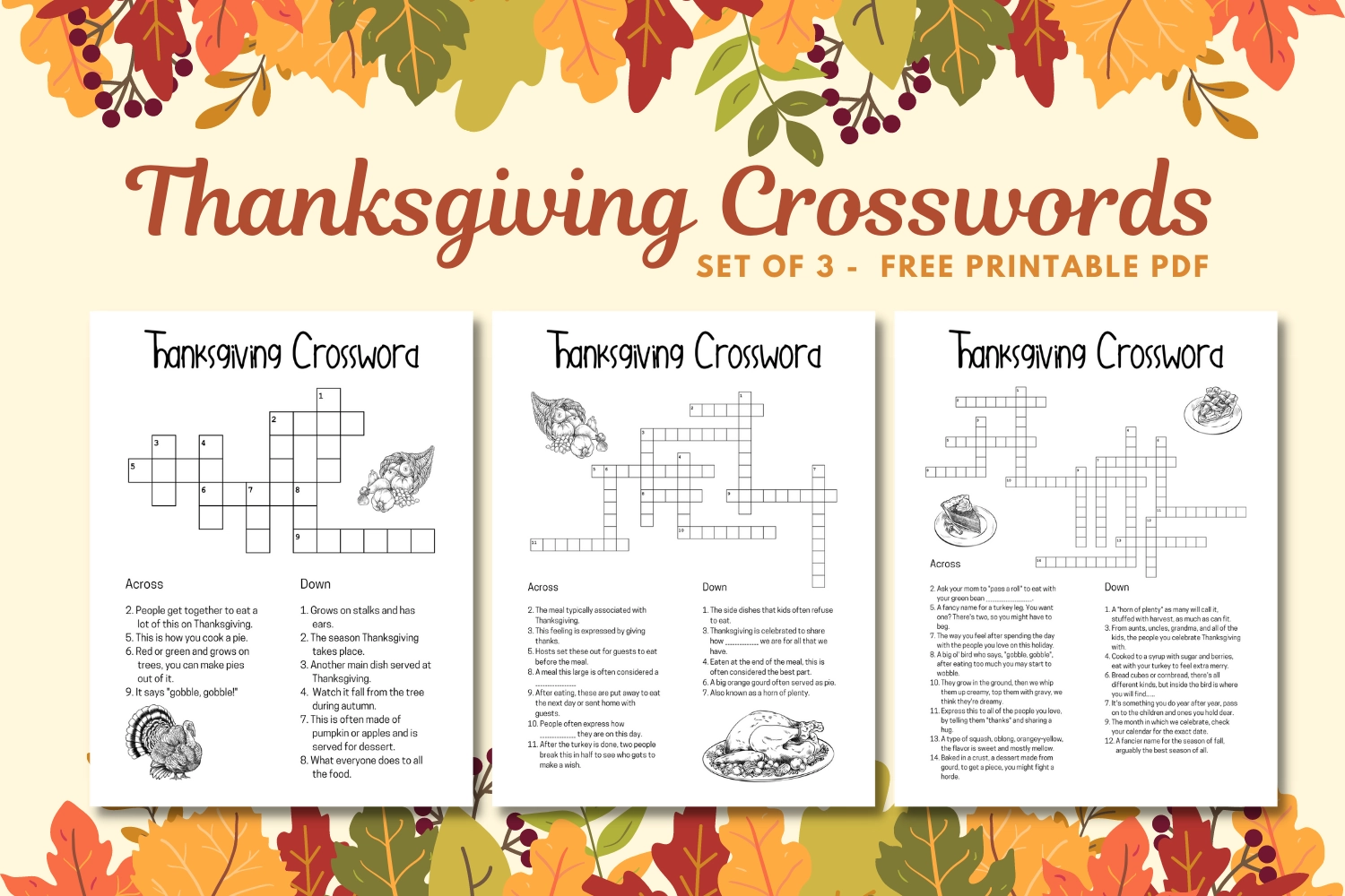Thanksgiving Crossword Puzzles Free Printable PDF Set Of 3 Fickle Hobbyist