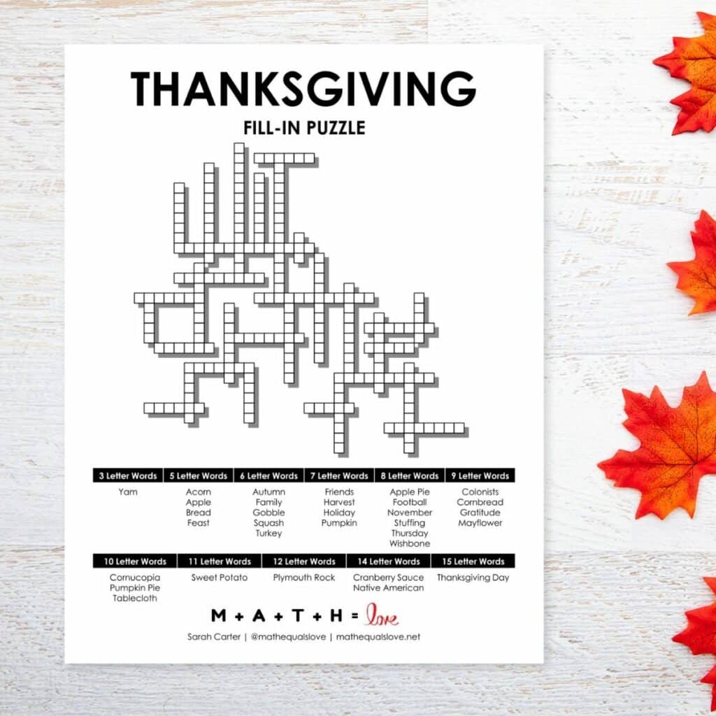 Thanksgiving Fill In Word Puzzle Math Love