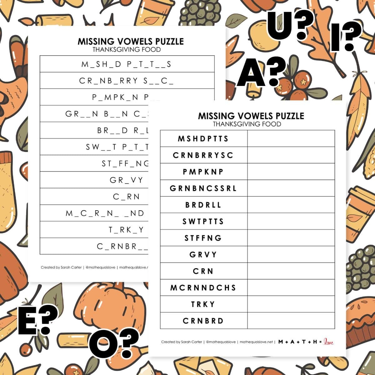 Thanksgiving Foods Missing Vowels Puzzle Math Love
