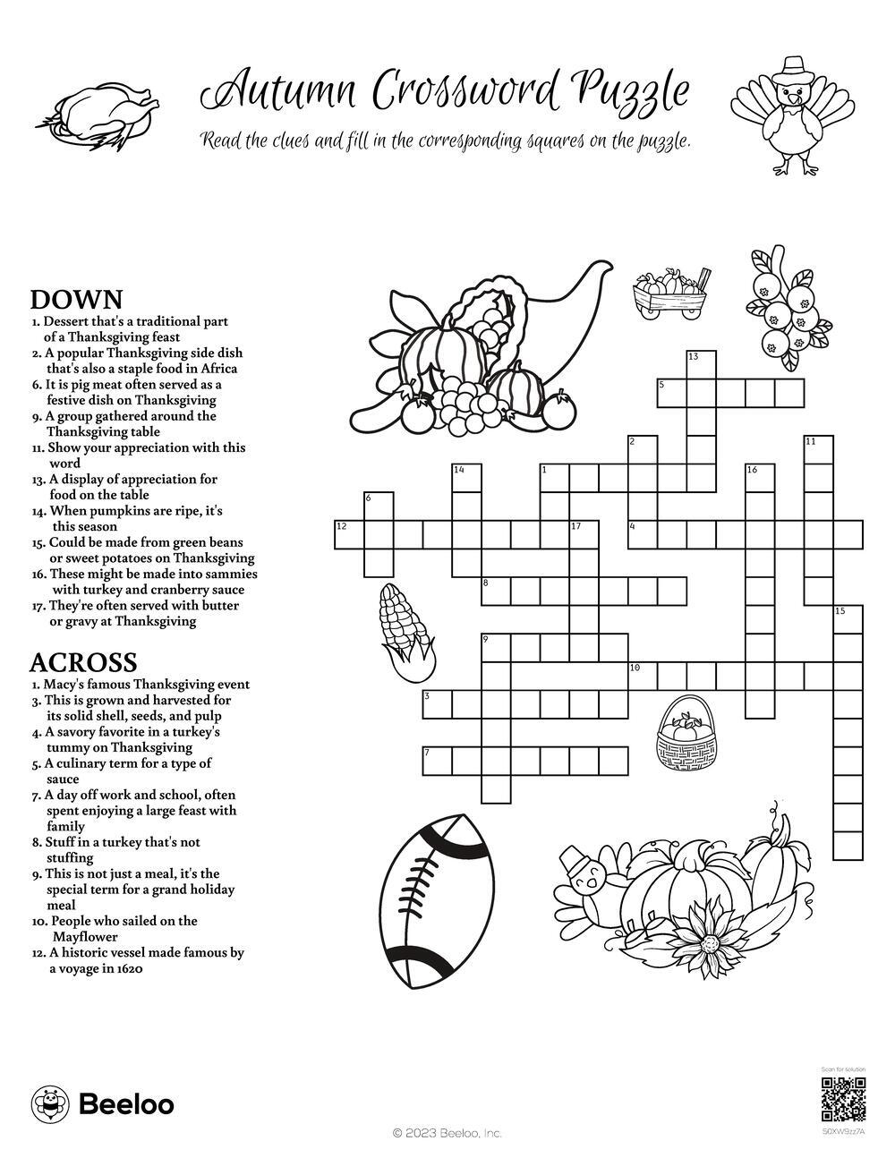 Thanksgiving themed Crossword Puzzles Beeloo Printable Crafts And Activities For Kids
