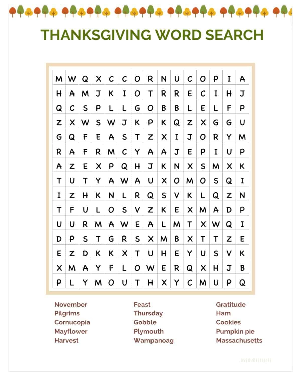 Thanksgiving Word Search Puzzle FREE Printable PDF Love Our Real Life