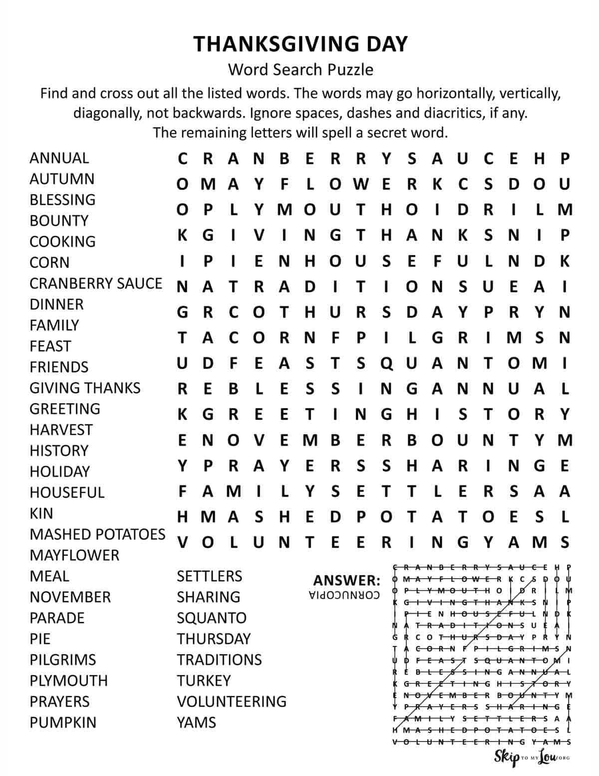 Thanksgiving Word Search Skip To My Lou