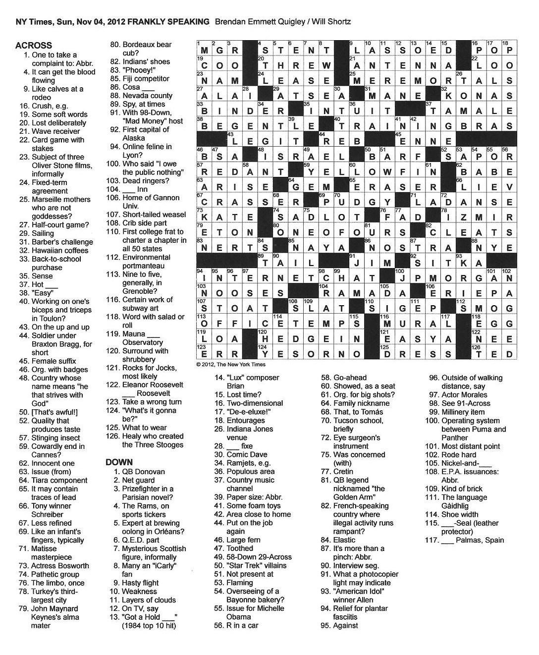 The New York Times Crossword In Gothic 11 04 12 Frankly Speaking