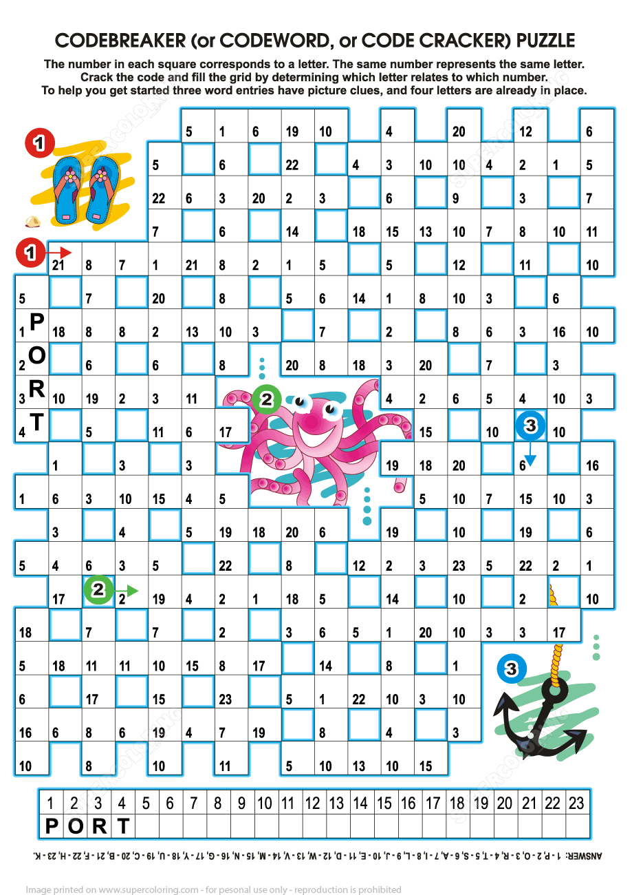 Underwater Life And Beach Codebreaker Word Puzzle Free Printable Worksheets