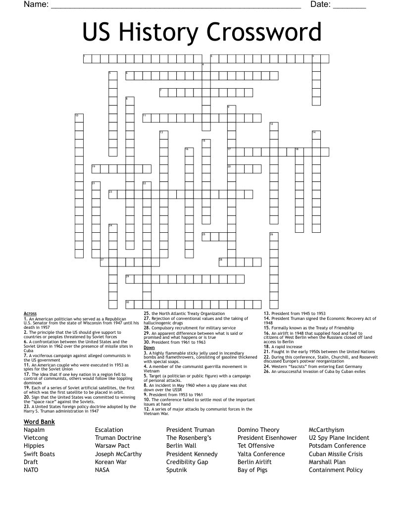 US History Crossword WordMint