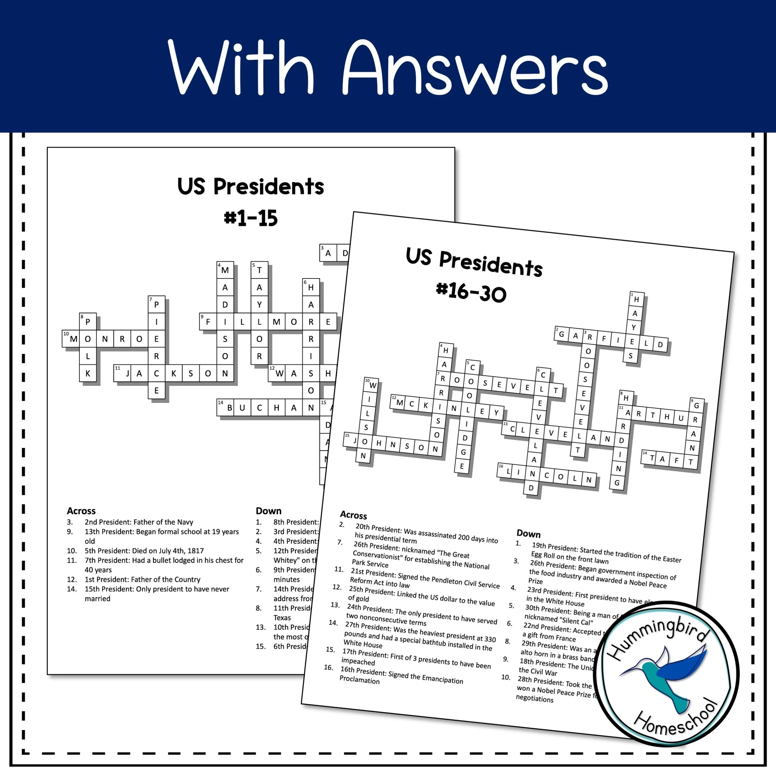 US Presidents Crossword Puzzles With Answers Hummingbird Homeschool
