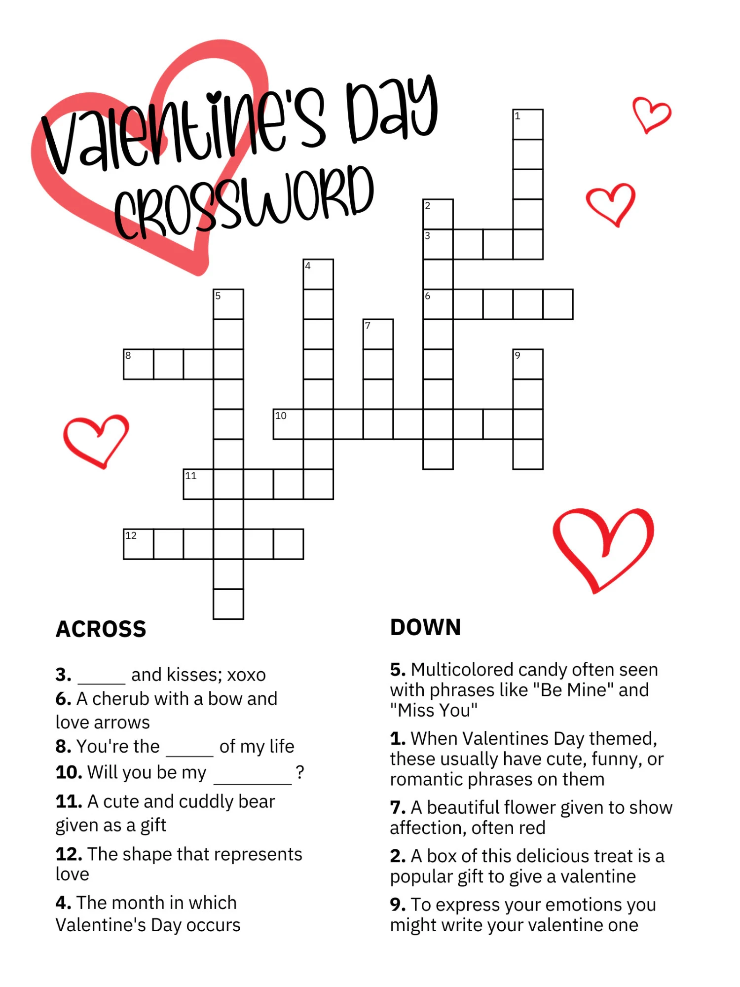 Valentine s Day Crossword Puzzle For Kids Printable Valentine Activity Classroom Valentine Game Kids Party Game Instant Download PDF Etsy