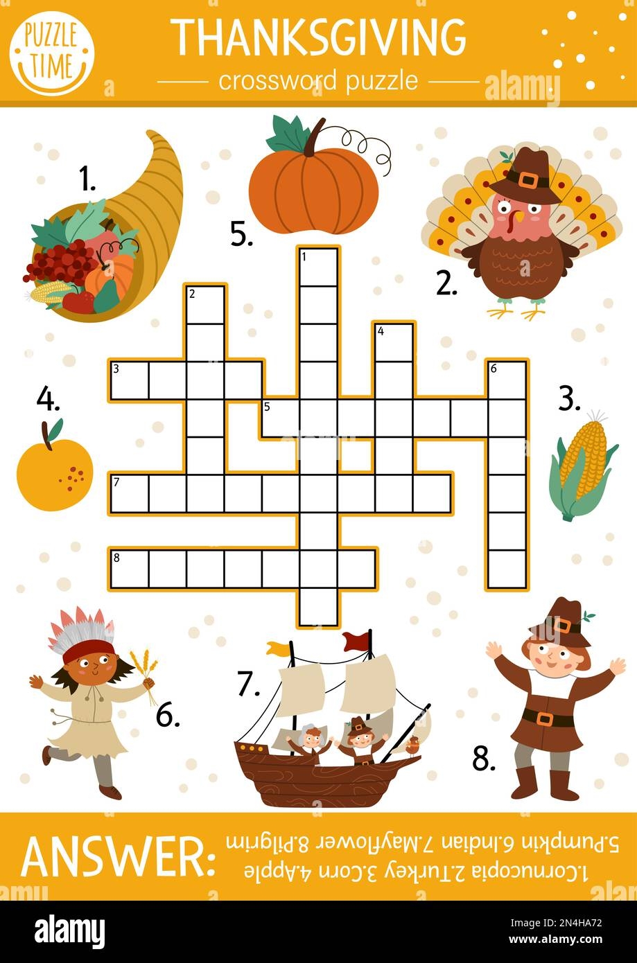Vector Thanksgiving Crossword Puzzle For Kids Simple Autumn Quiz With Traditional Symbols For Children Educational Activity With Turkey Pilgrim Pu Stock Vector Image Art Alamy