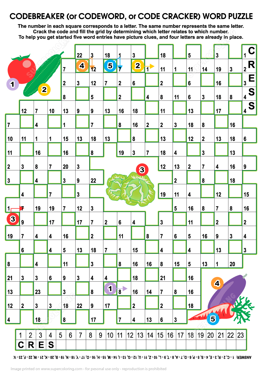 Vegetables Codebreaker Word Puzzle Free Printable Worksheets