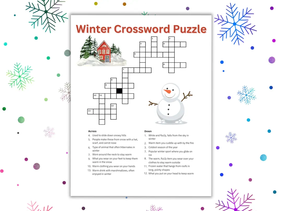 Winter Crossword Puzzle Printable Worksheet Game For Kids Adults Seniors Family Winter Game Etsy Israel