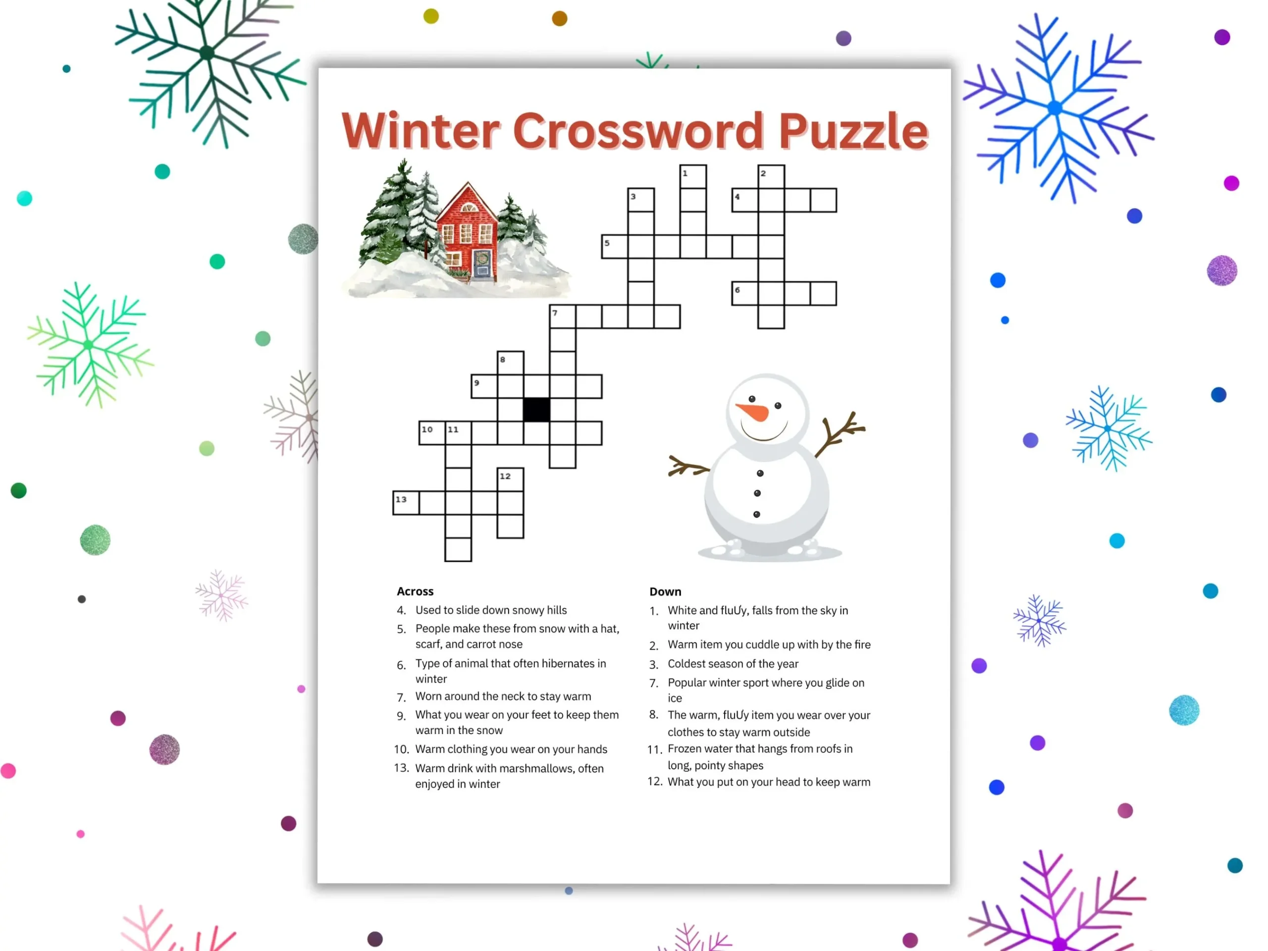 Winter Crossword Puzzle Printable Worksheet Game For Kids Adults Seniors Family Winter Game Etsy